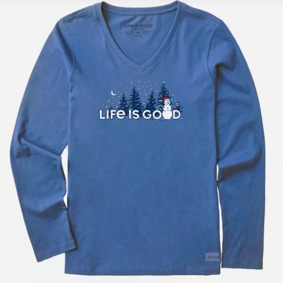 Life is Good Vintage Blue V-Neck Snowman Landscape Long Sleeve Crusher Tee - L - Picture 1 of 10